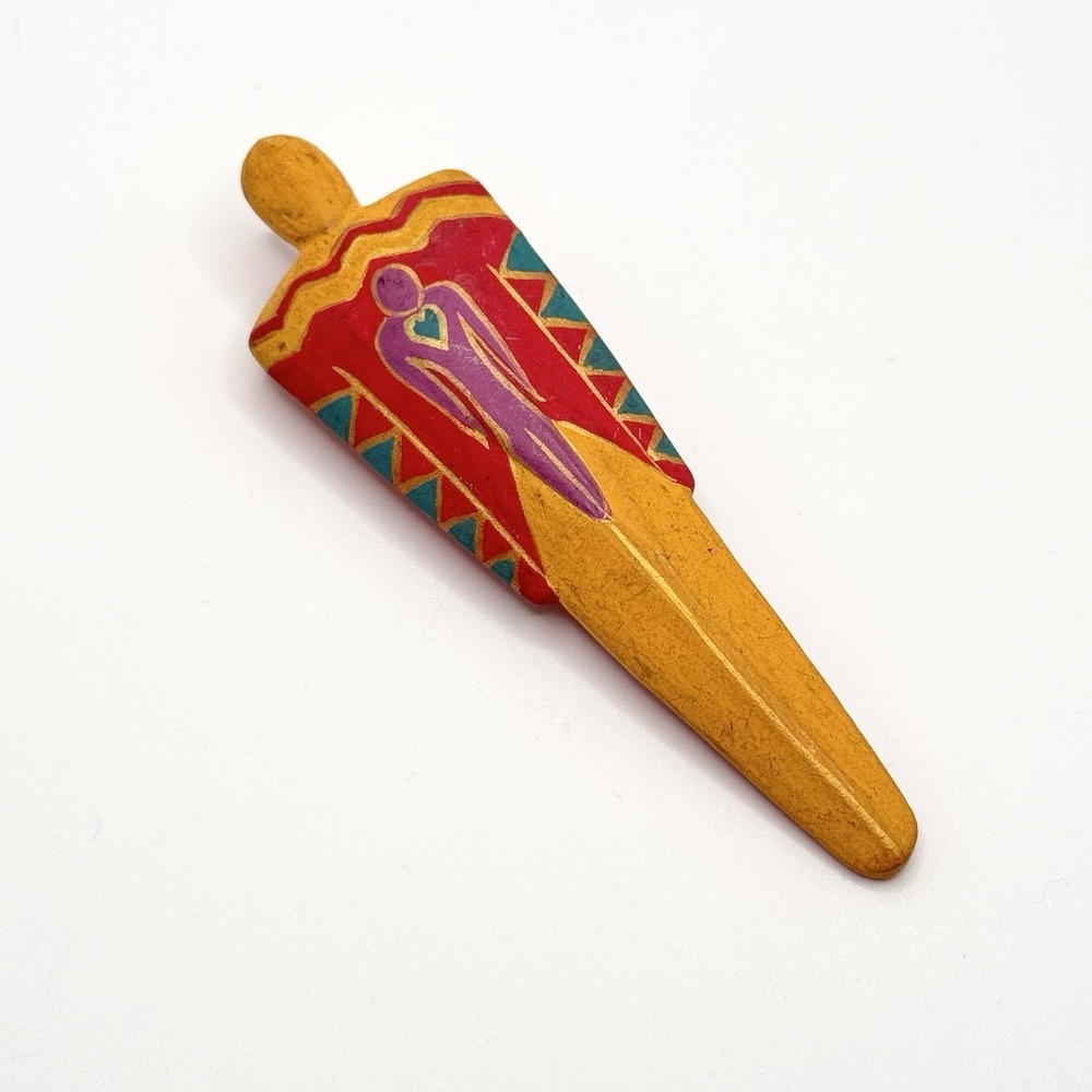Rare Vintage Laurel Burch Brooch Pin Hand Painted Wood Art Jewelry Signed 1992